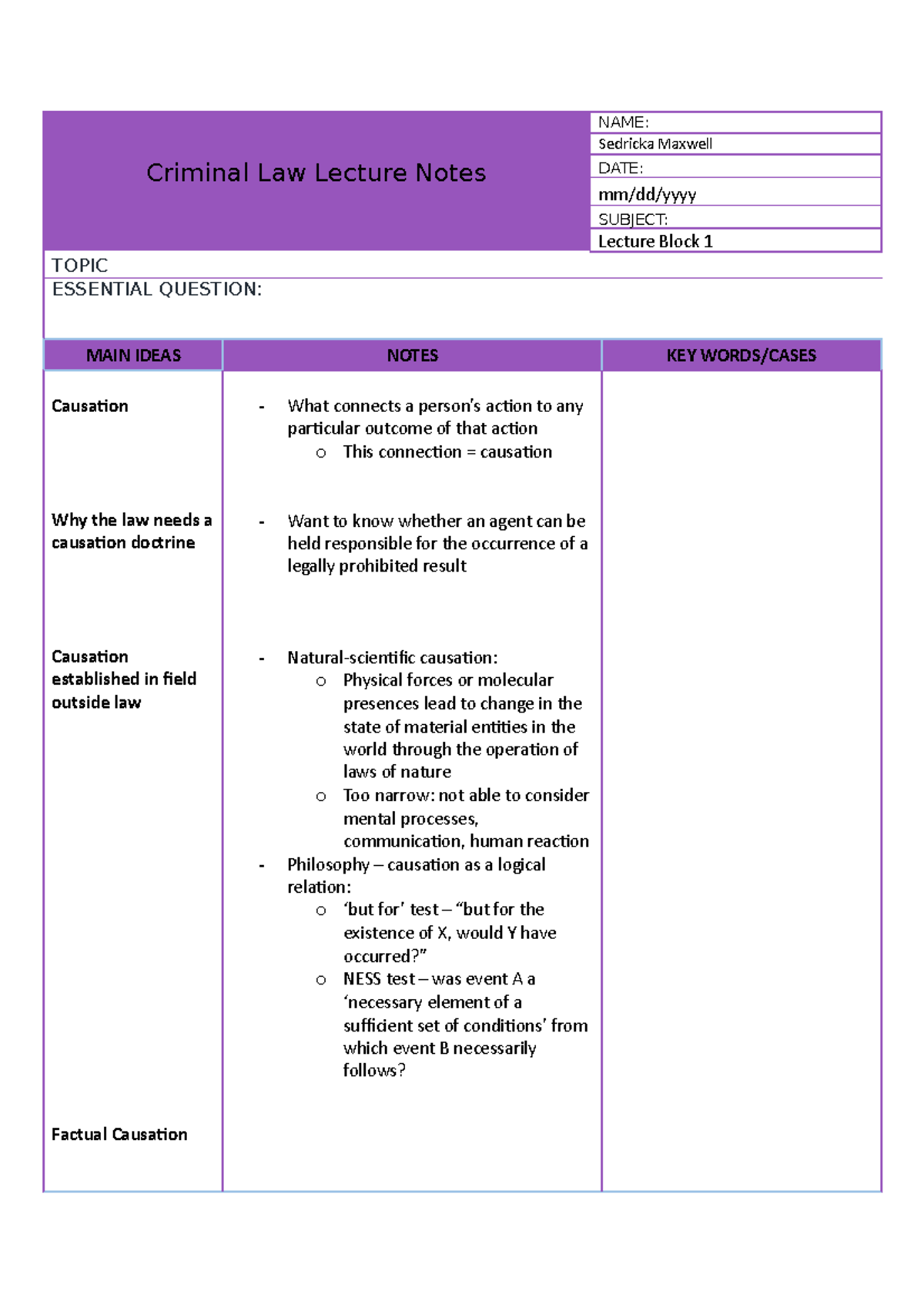 Causation 1 - criminal law - Criminal Law Lecture Notes NAME: Sedricka ...