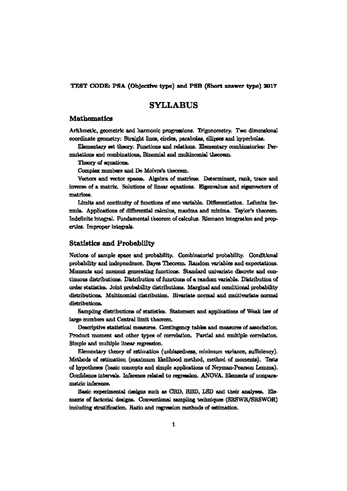 MStat-PSA PSB Syllabus 2017 - TEST CODE: PSA (Objective type) and PSB ...