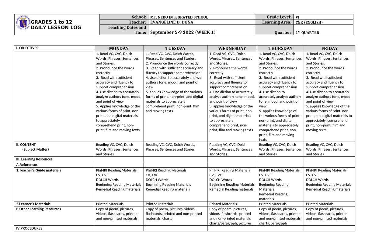 Grade 6 CNR English 6 Q1 Week 1 - GRADES 1 to 12 DAILY LESSON LOG ...