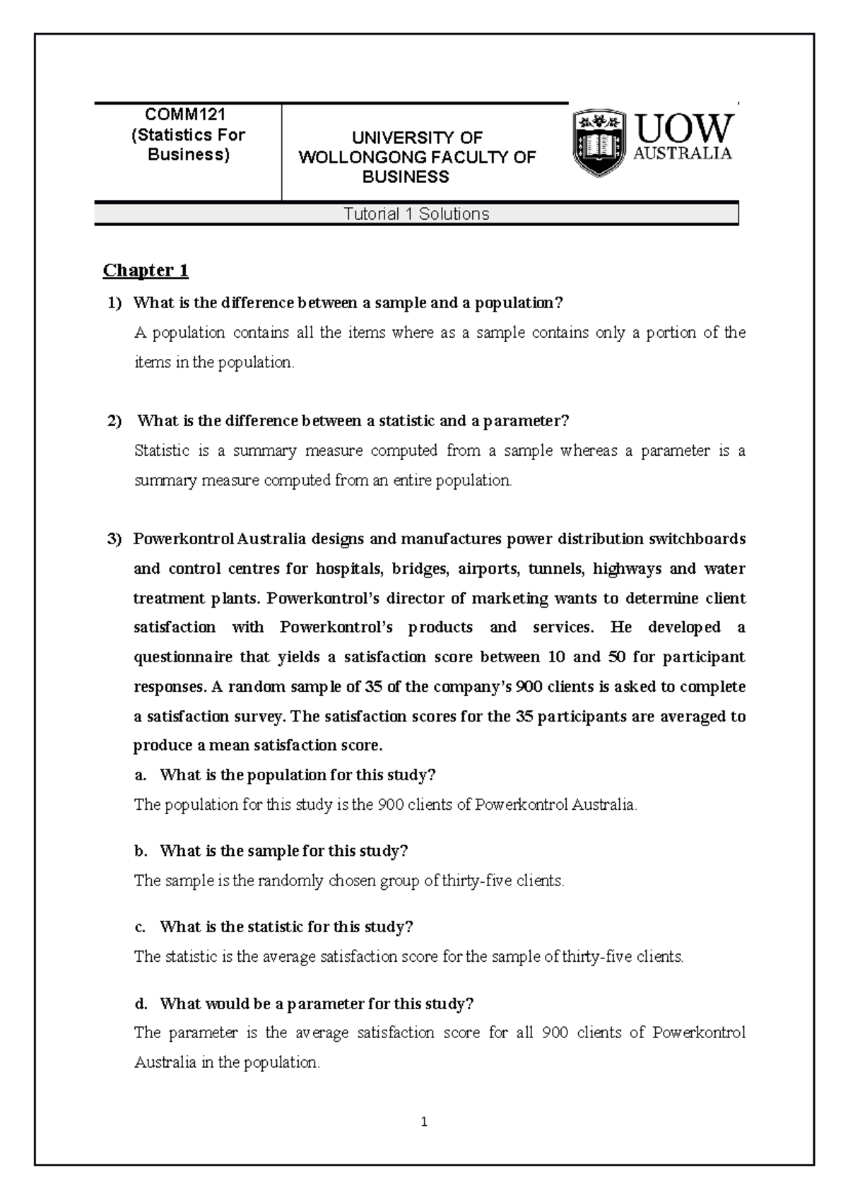 COMM121 T01 Solutions Ch 1-3 - COMM (Statistics For Business ...