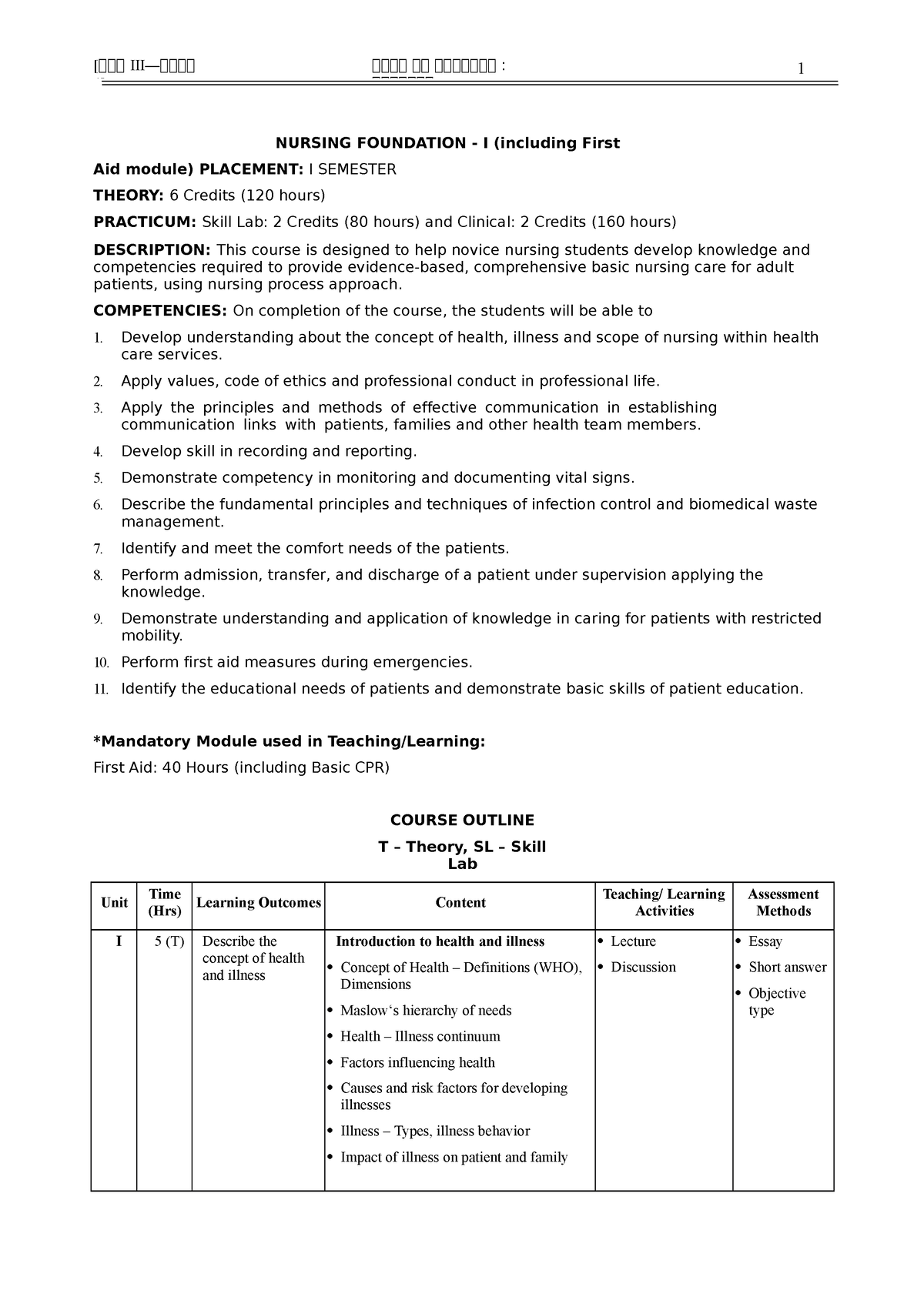 Inc Bsc Nursing Fon Syllabus 1 - Bsc.nursing - Rguhs - Studocu