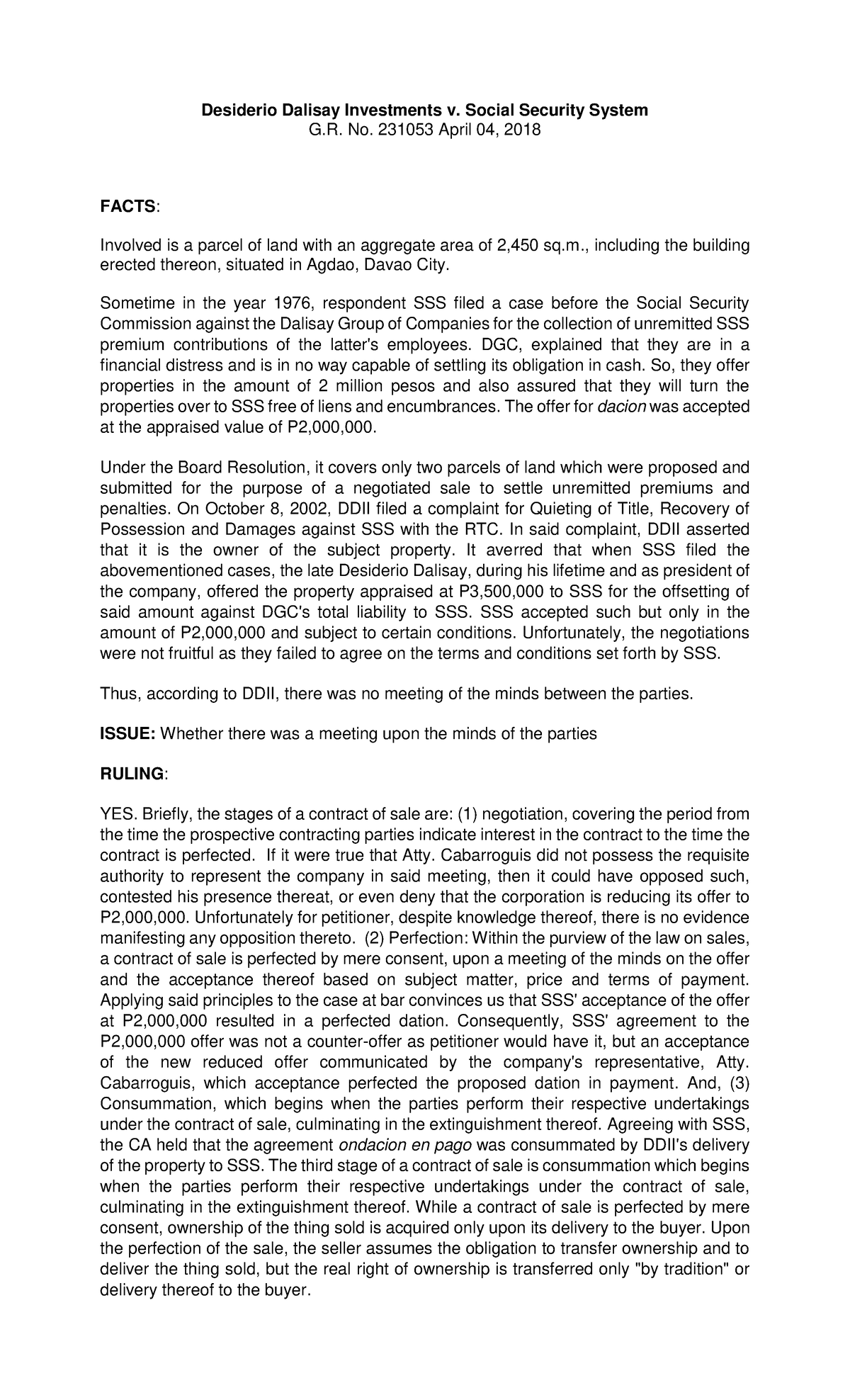 Desiderio Dalisay Investment v SSS Social Security System G. No