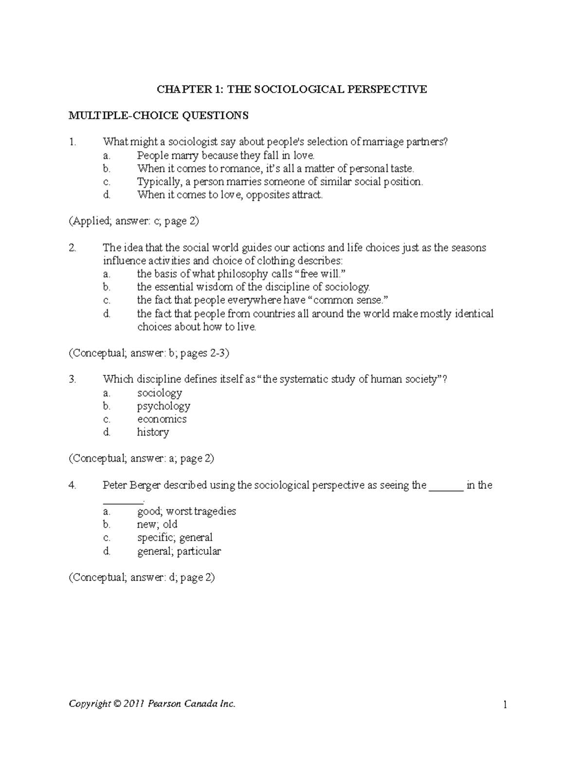 Sociology MC Questions - CHAPTER 1: THE SOCIOLOGICAL PERSPECTIVE ...