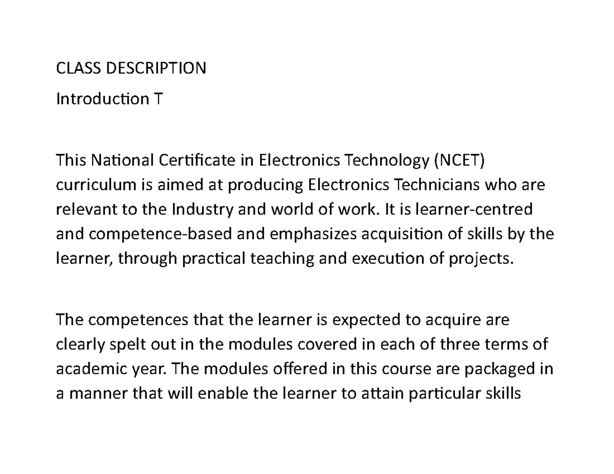 Class Description - is good noe - CLASS DESCRIPTION Introduction T This ...