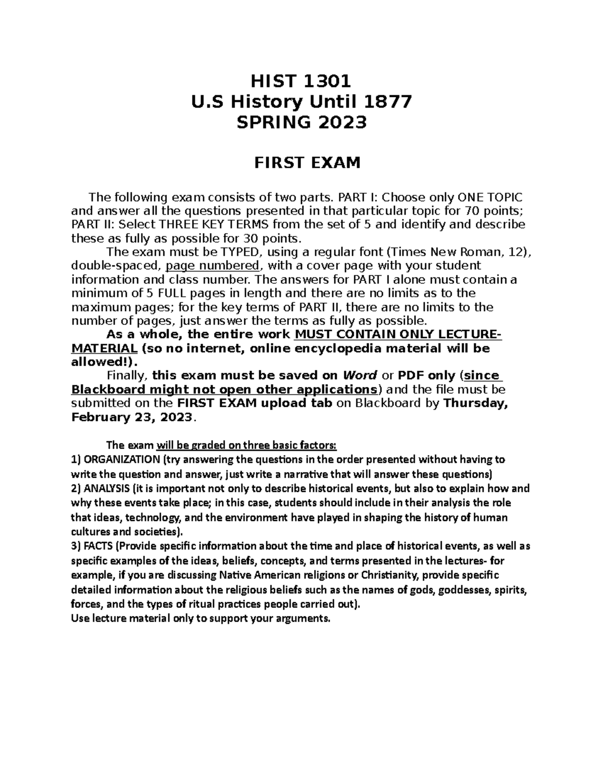 Hist 1301 First EXAM FALL 2022(1) HIST 1301 U History Until 1877