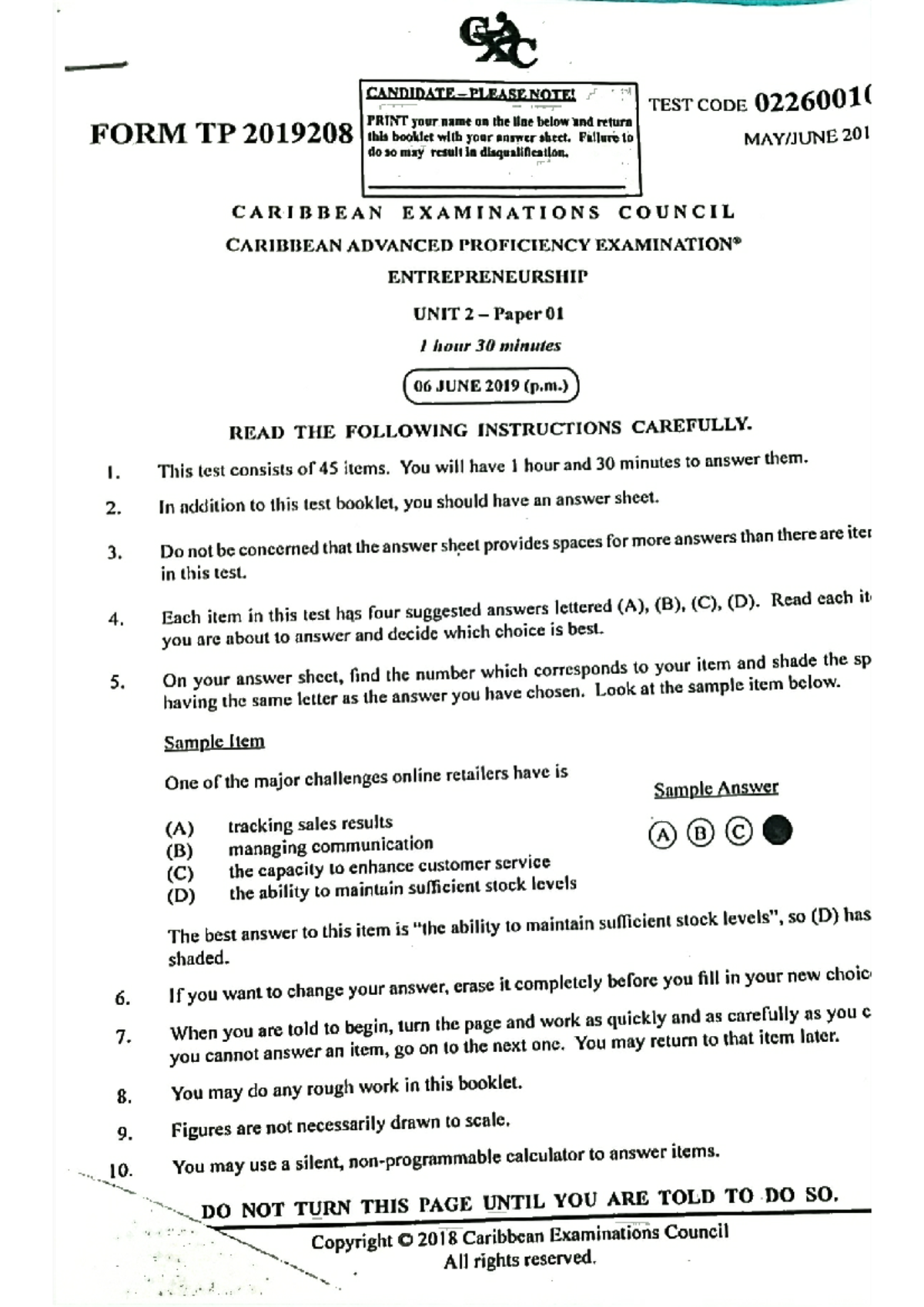 CAPE Entrepreneurship 2019 U2 P1-1 - FOI / ' 