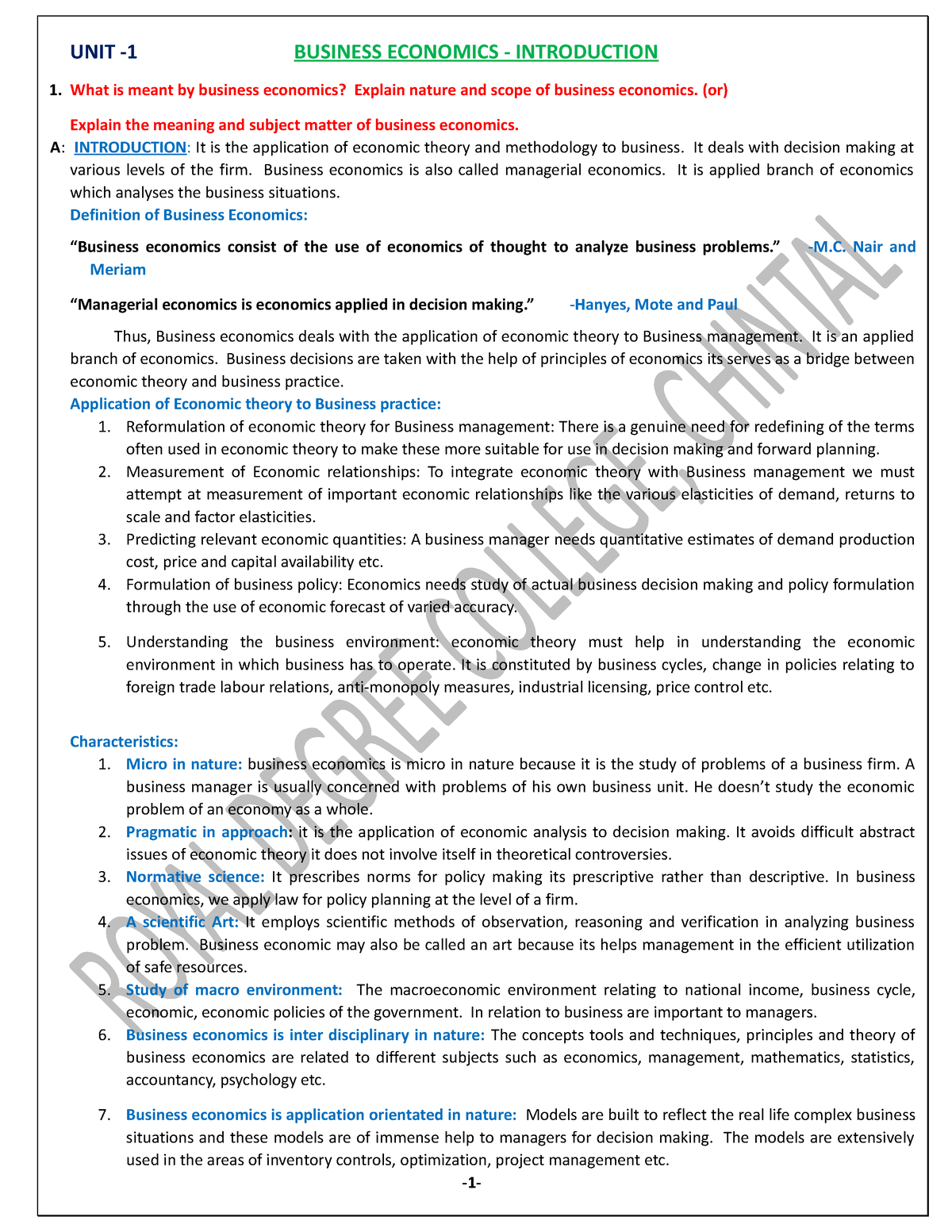 Business Economics - V Sem - UNIT -1 BUSINESS ECONOMICS - INTRODUCTION ...