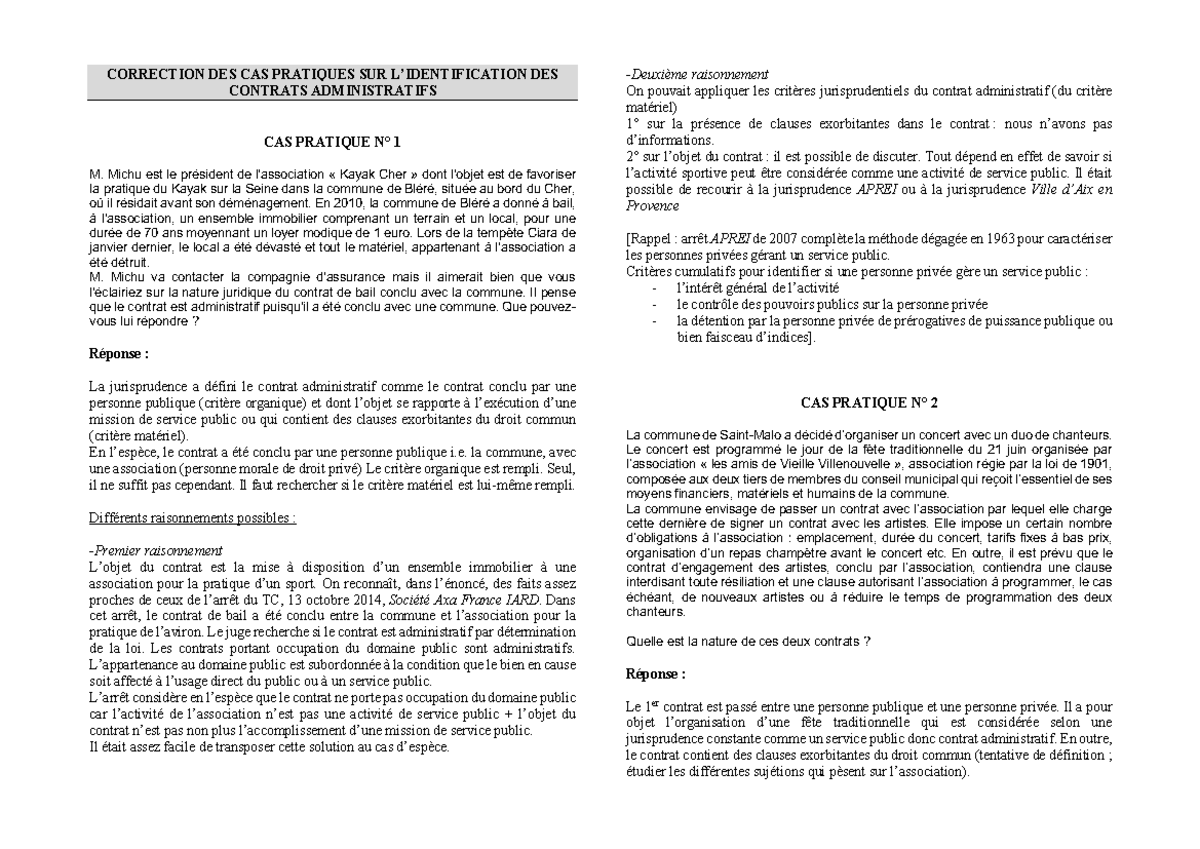 Corrigé des cas pratiques sur les contrats administratifs Sabine