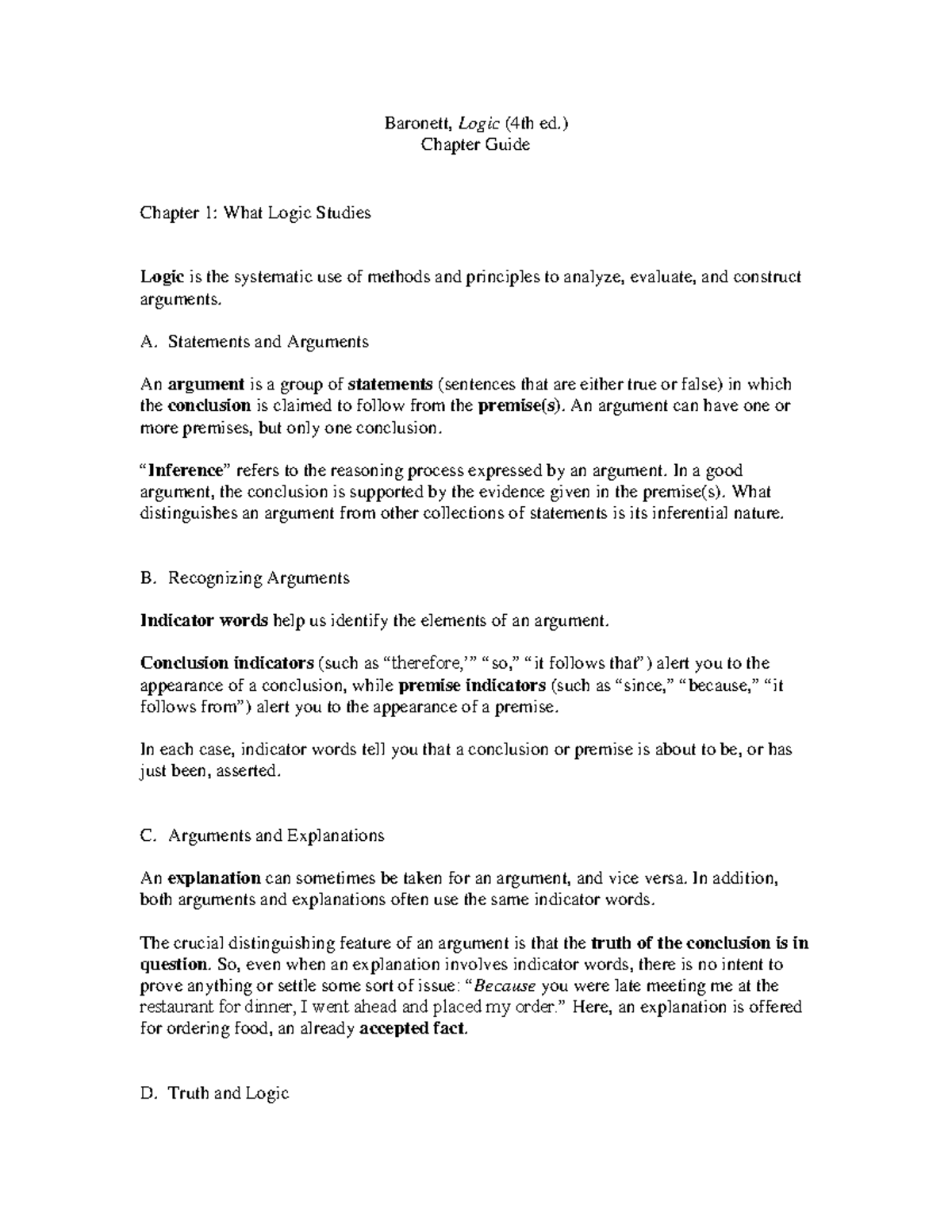 Logic 4e - Chapter 1 - Guide - Baronett, Logic (4th Ed.) Chapter Guide ...