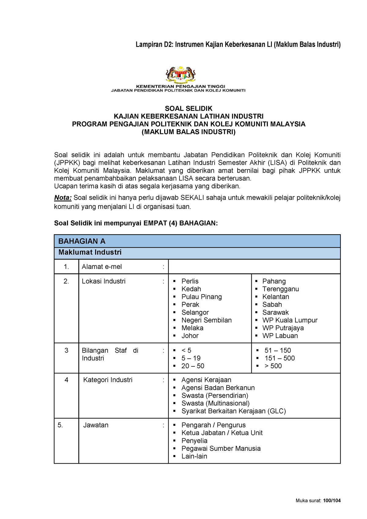 Soal Selidik Kajian Keberkesanan Latihan Industri Program Pengajian Politeknik Dan Kolej 1875