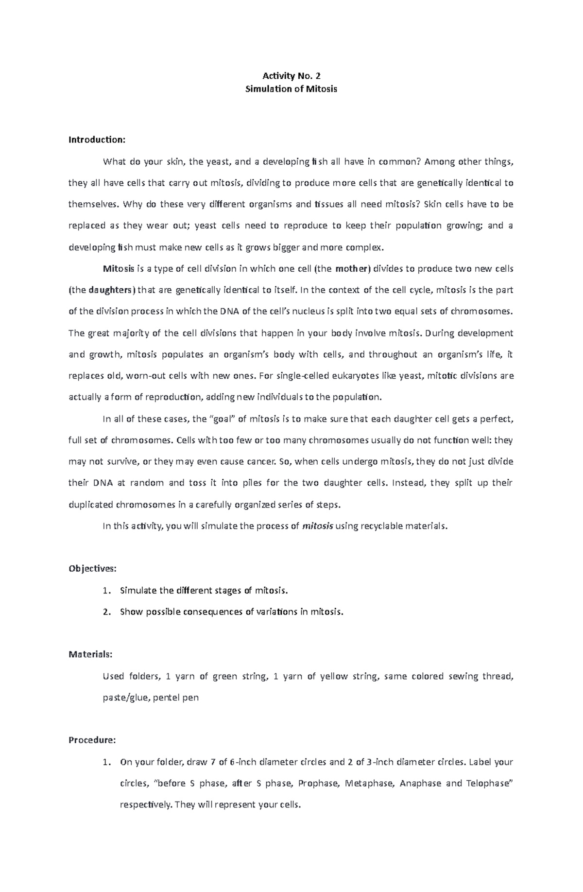 Simulation Of Mitosis - Act 2 Gen Lab - Activity No. 2 Simulation Of 