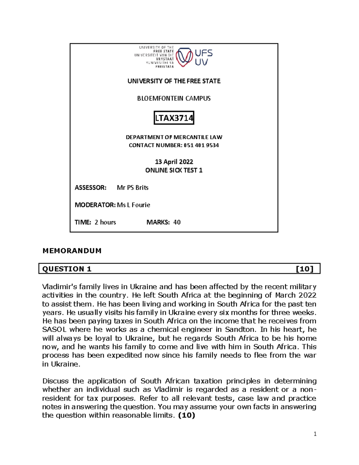 LTAX3714 2022 Online sick test 1 memo students - MEMORANDUM QUESTION 1 ...