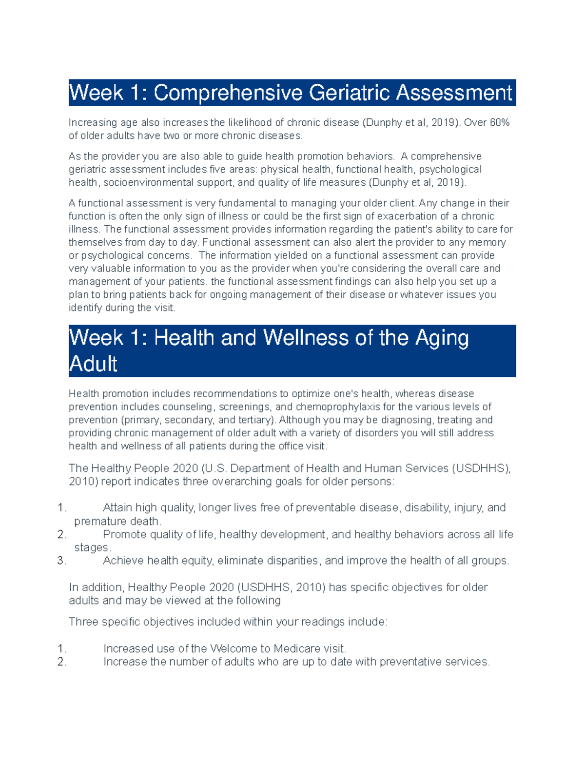 Week 1 notes - Week 1: Comprehensive Geriatric Assessment Increasing ...