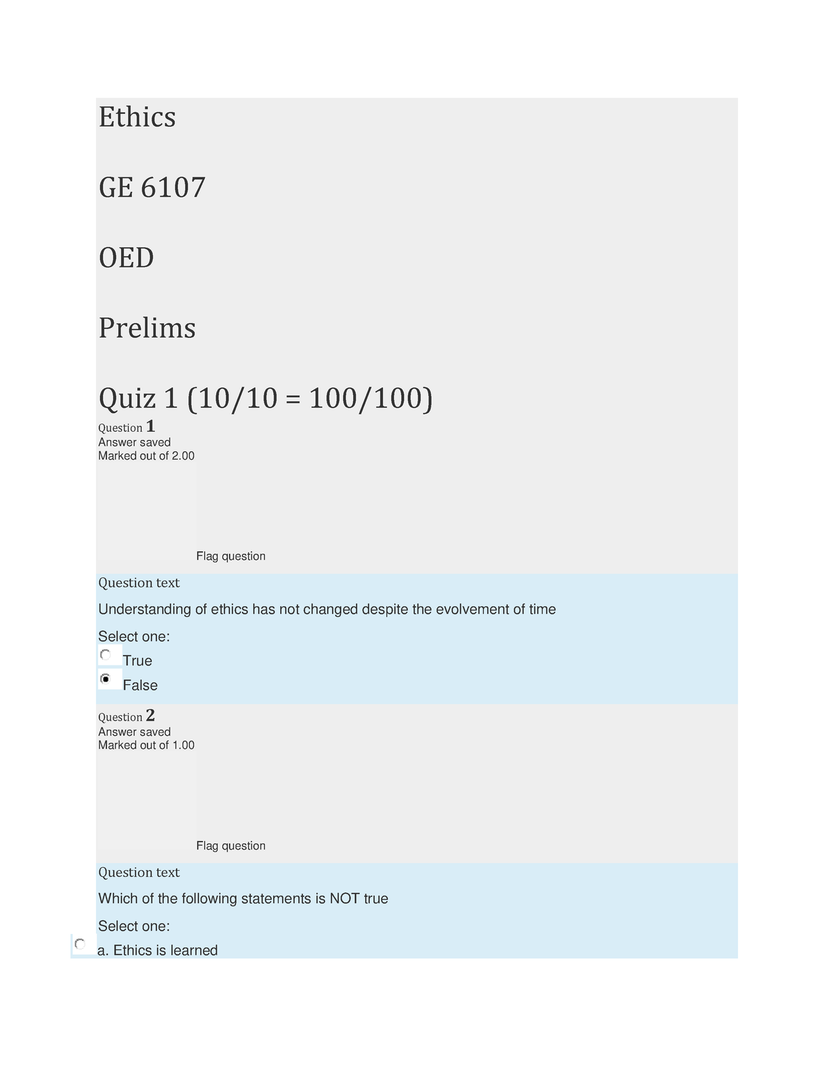 Pdfcoffee - Answers - Ethics GE 6107 OED Prelims Quiz 1 (10/10 = 100/ ...