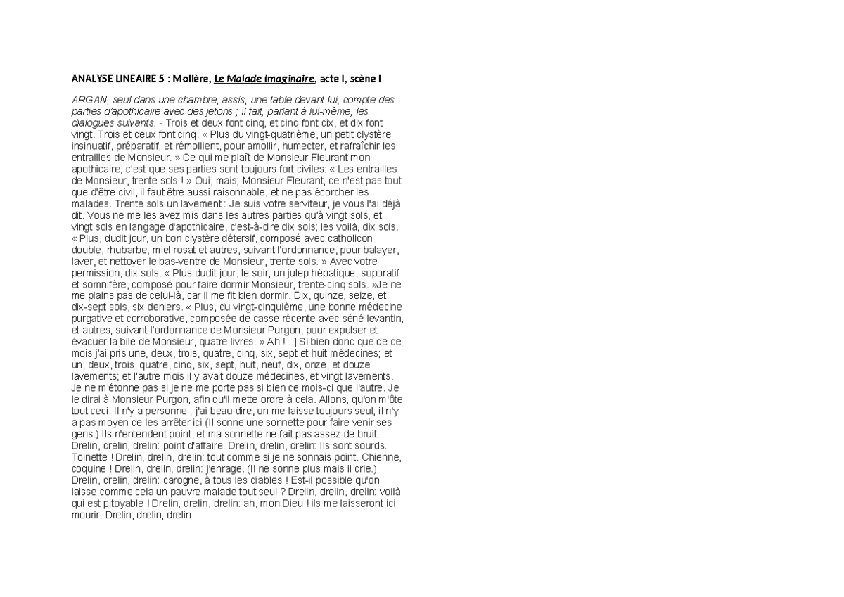 Analyse Lineaire 5 - texte vierge - ANALYSE LINEAIRE 5 : Molière, Le
