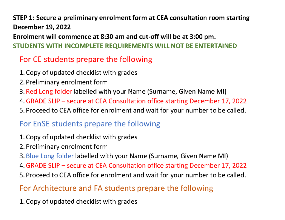 Enrollment - QUIZ - STEP 1: Secure a preliminary enrolment form at CEA ...