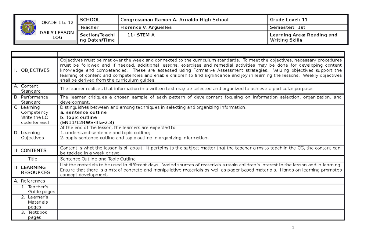 Arguelles 1st-SEM - DAILY LESSON PLAN - GRADE 1 to 12 DAILY LESSON LOG ...