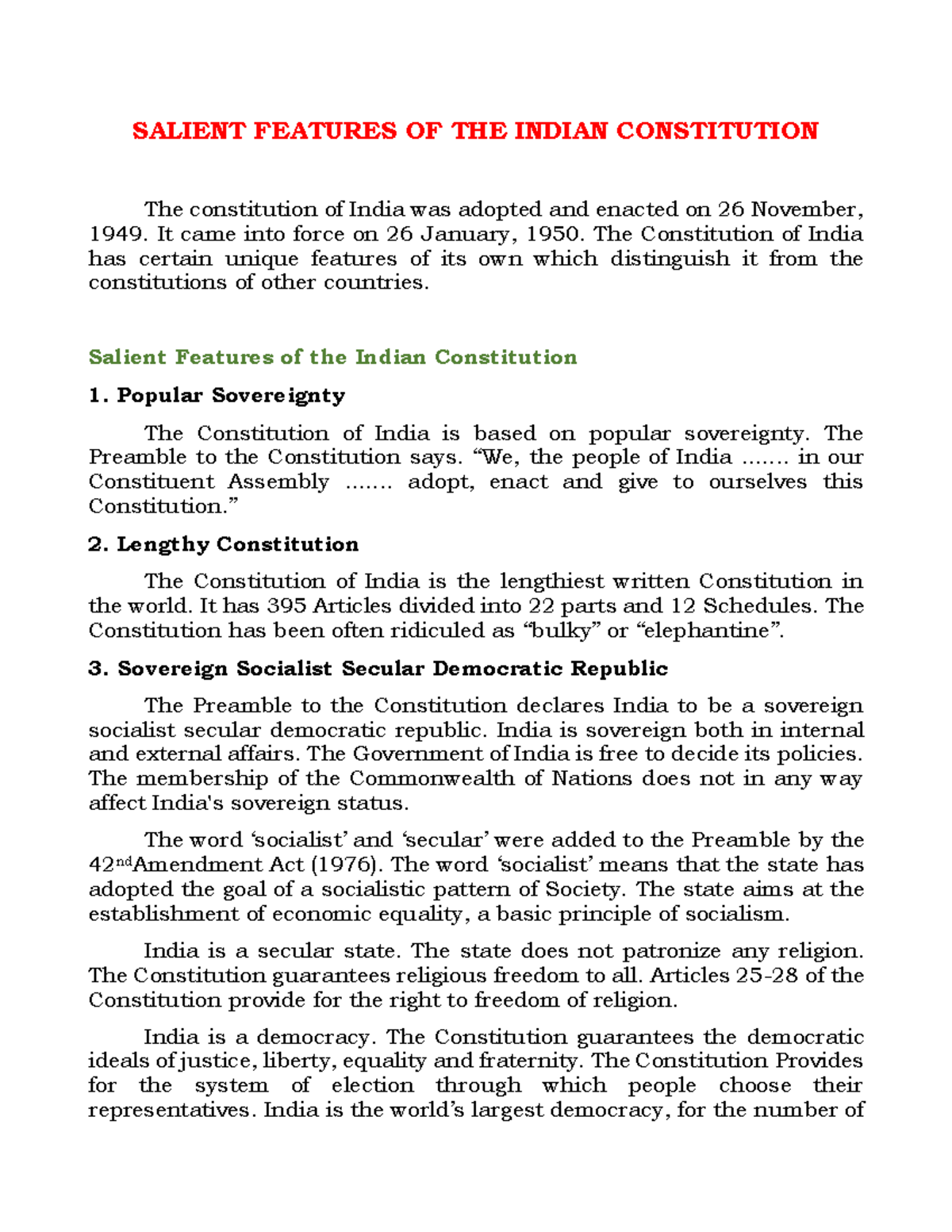 Describe The Key Features Of The Indian Constitution Class 8