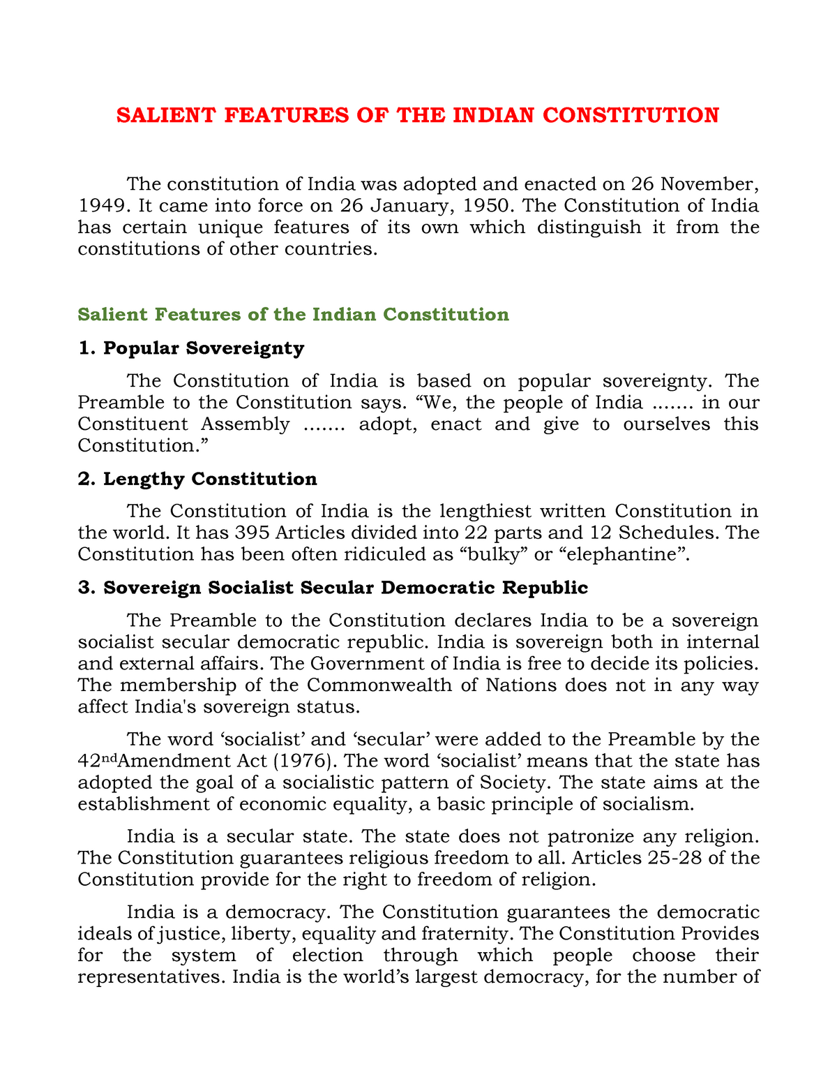 Salient Features OF THE Indian Constitution SALIENT FEATURES OF THE 