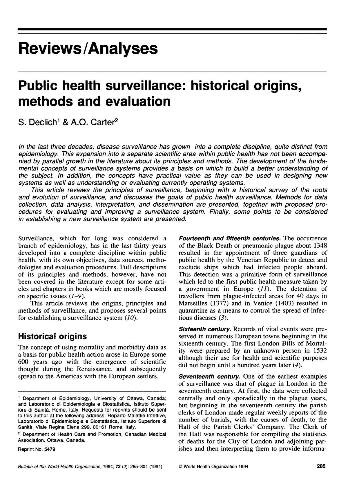 Public Health Surveillance - Reviews/Analyses Public Health ...