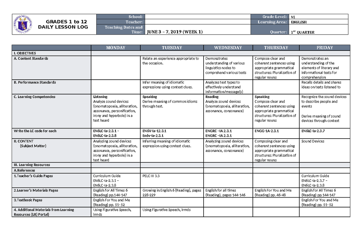 DLL English 6 Q1 W1 - It is very helpful - GRADES 1 to 12 DAILY LESSON ...