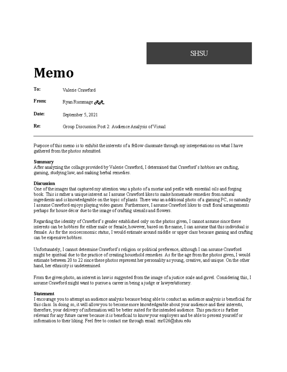 MD 2 - Major Document #2 Memo Dr. Pumroy - SHSU Memo To: Valerie ...