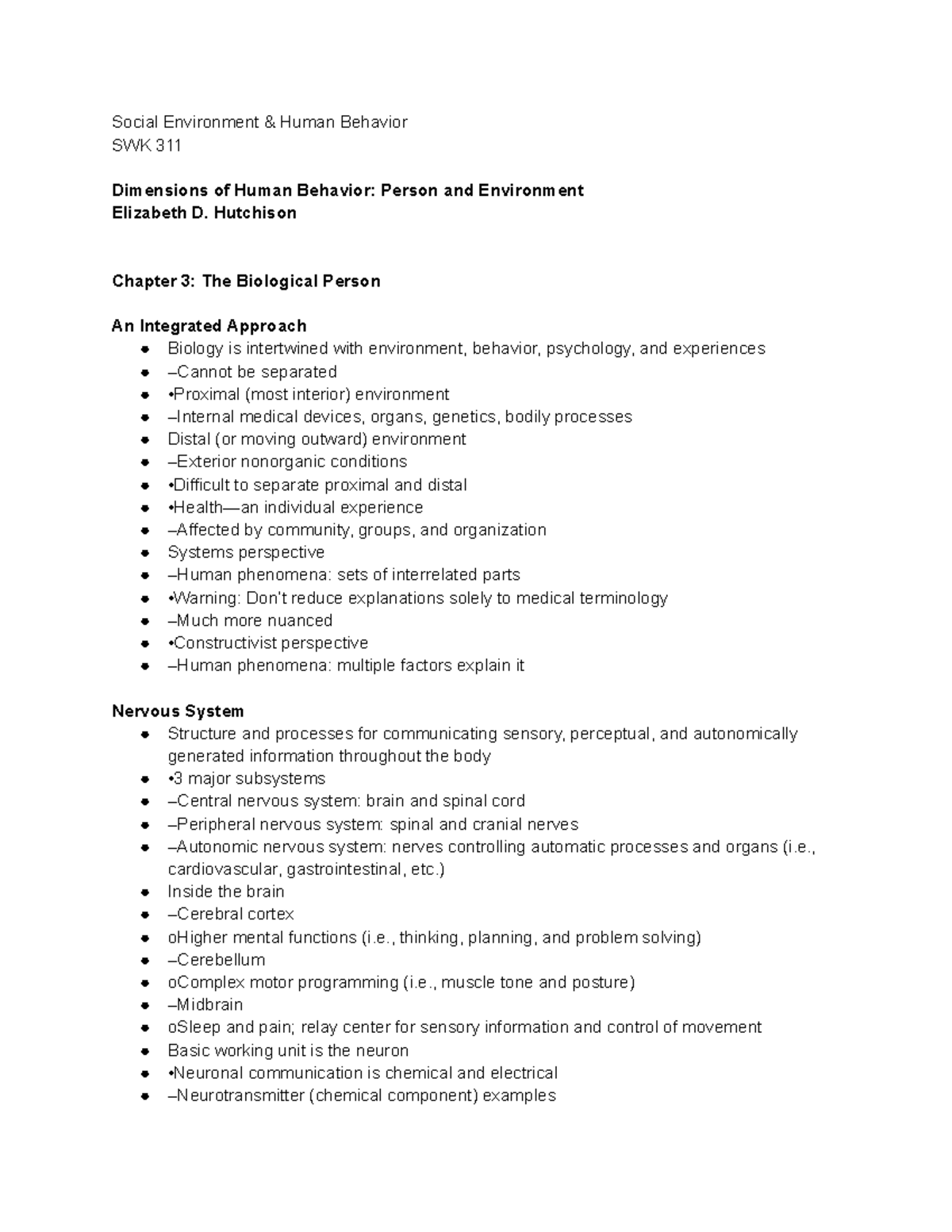 Se 8 Lecture Notes Social Environment And Human Behavior Swk 311 Dimensions Of Human Behavior