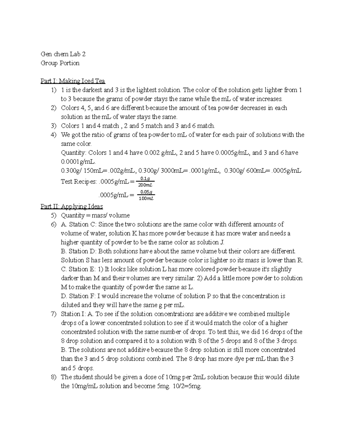 Group Portion lab 2 gen chem lab 2 Gen chem Lab 2 Group Portion Part I Making Iced Tea 1) 1