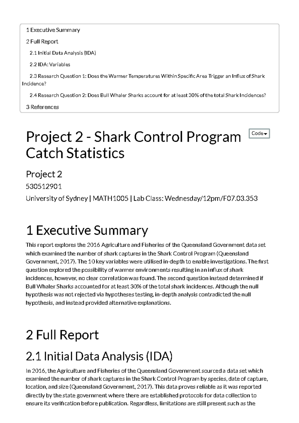 Project 2 - Shark Control Program Catch Statistics - 1 Executive ...