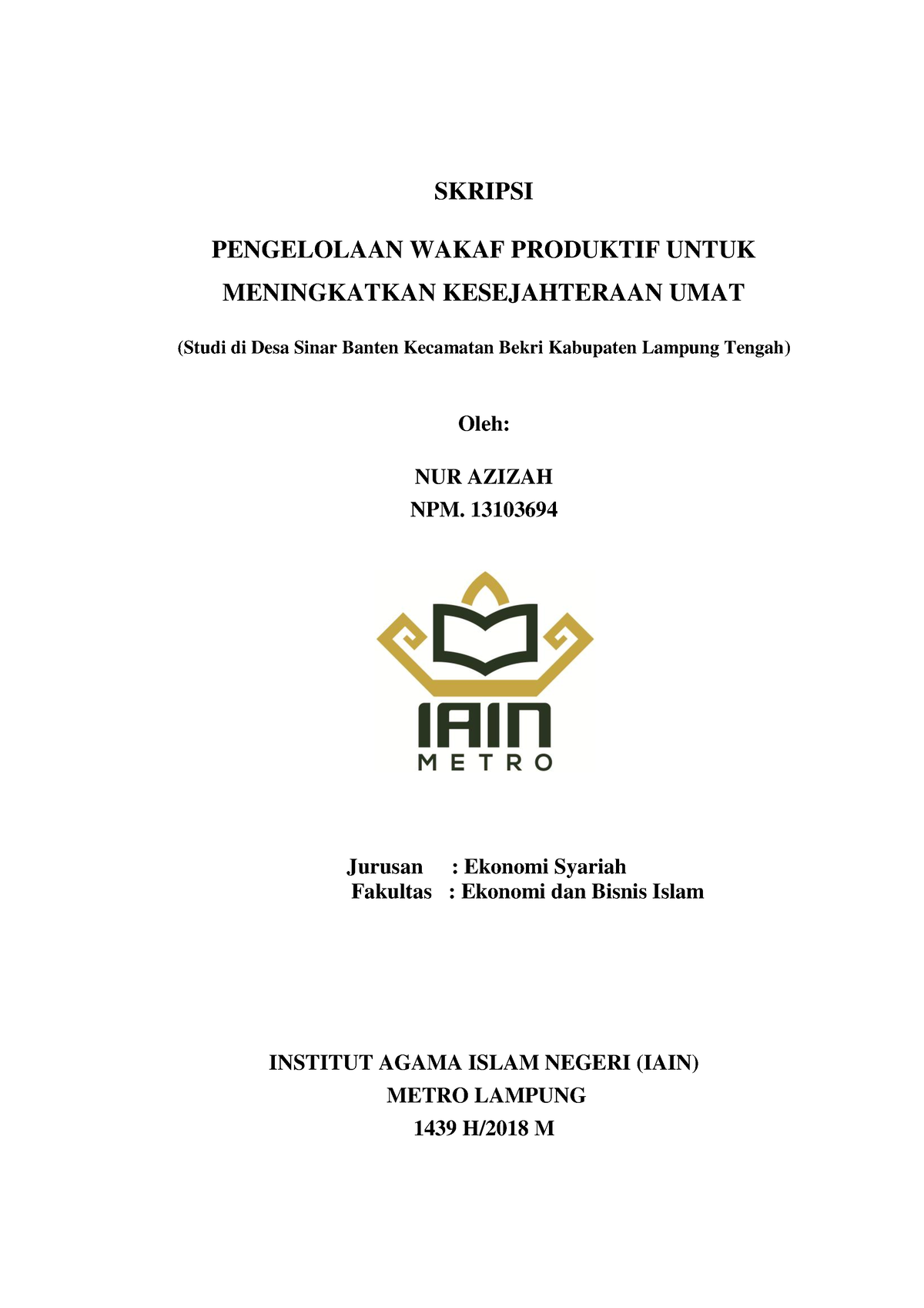 Nur Azizah (13103694) Esy - SKRIPSI PENGELOLAAN WAKAF PRODUKTIF UNTUK ...