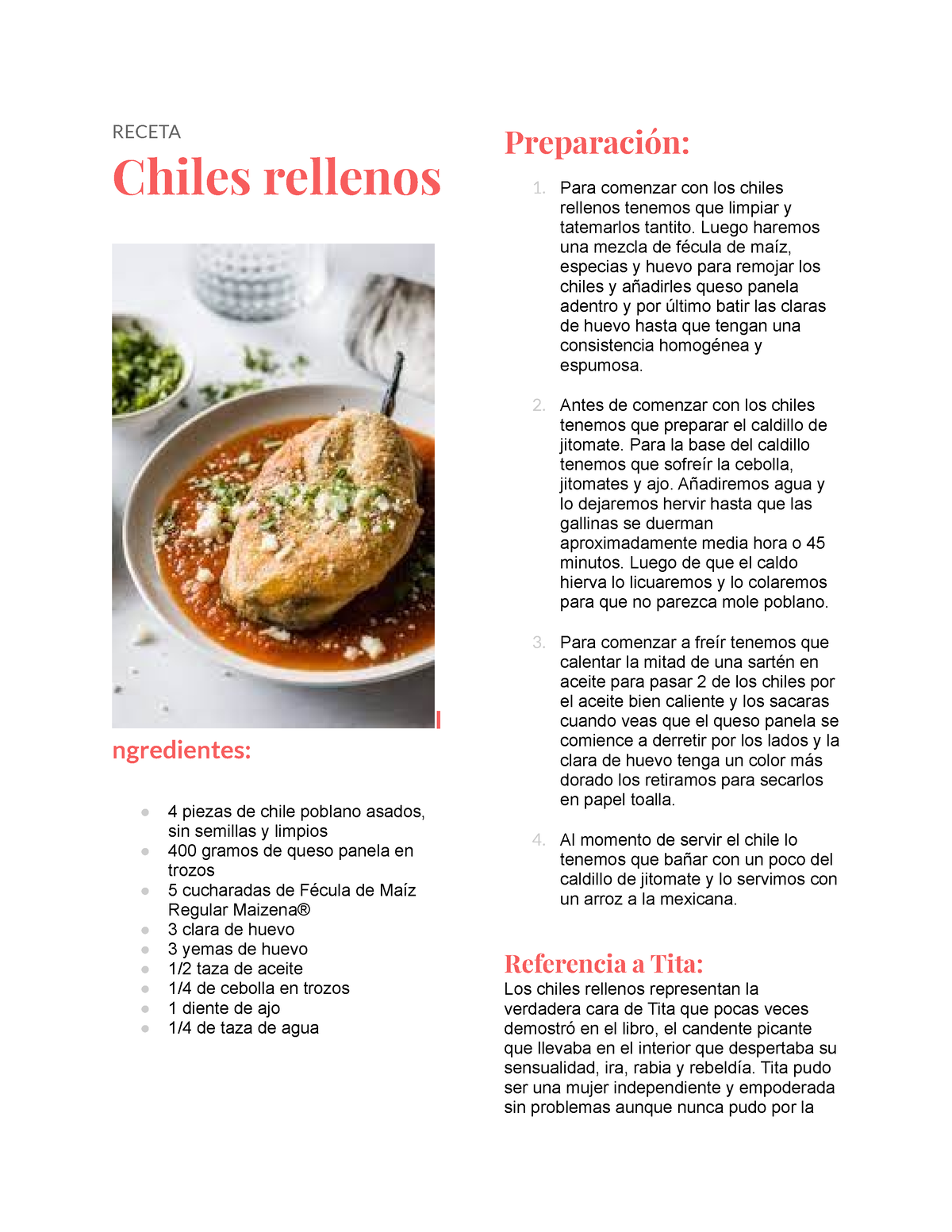Receta - .I. - RECETA Chiles rellenos I ngredientes: ○ 4 piezas de chile  poblano asados, sin - Studocu