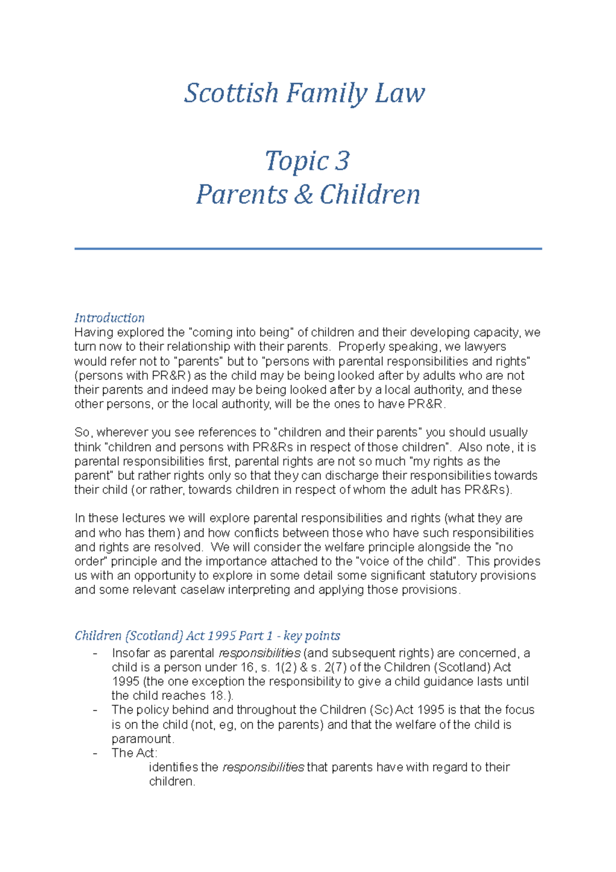 Overview Part 3 Scottish Family Law Topic 3 Parents & Children