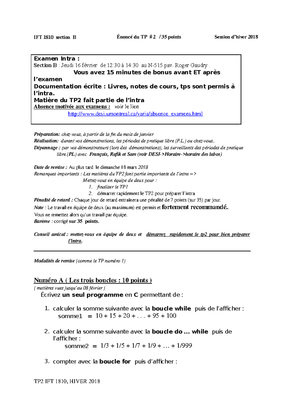 Tp2 1810 h18 - TP2 - IFT 1810 section B Énoncé du TP # 2 / 35 points ...
