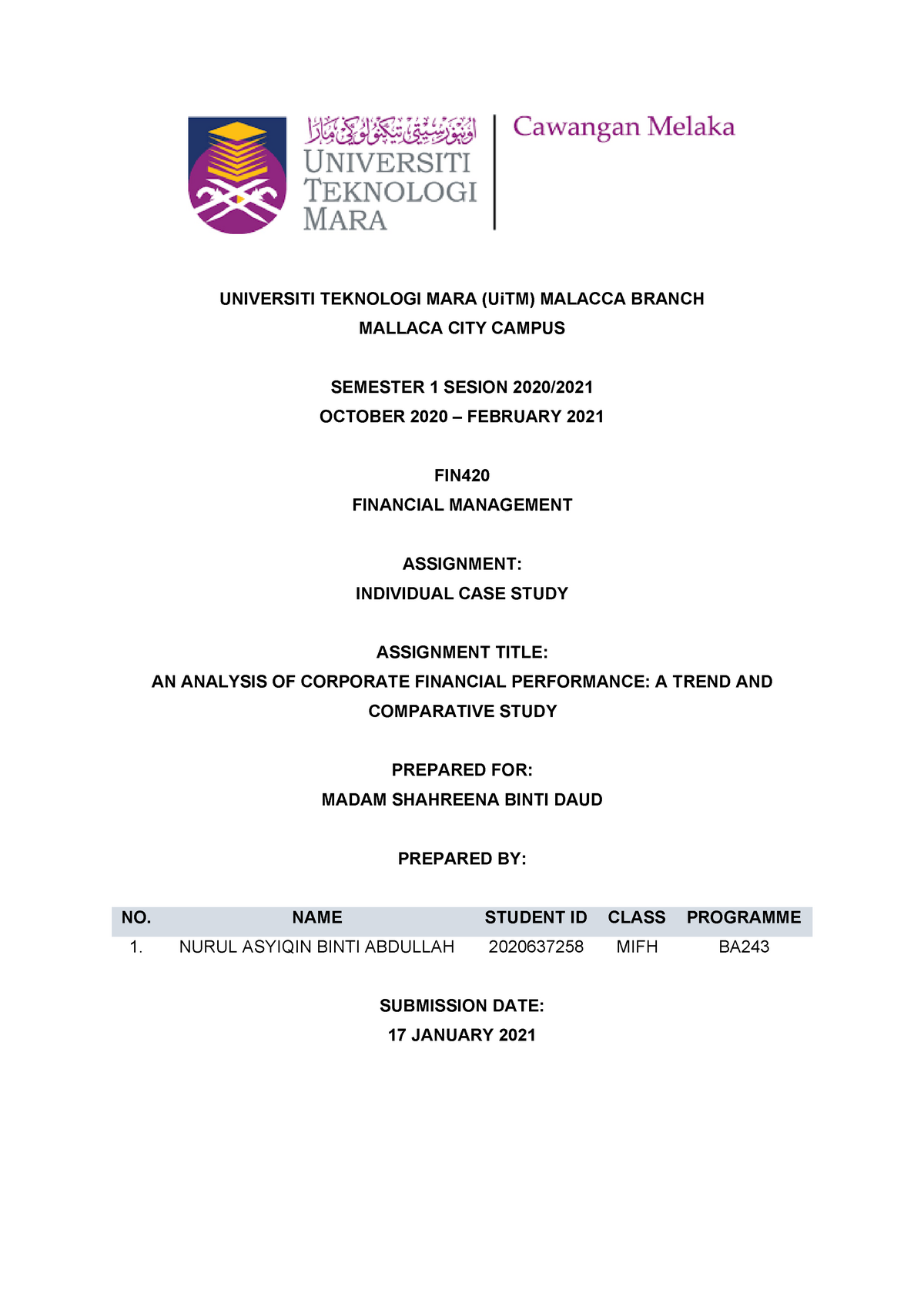 ratio analysis assignment uitm