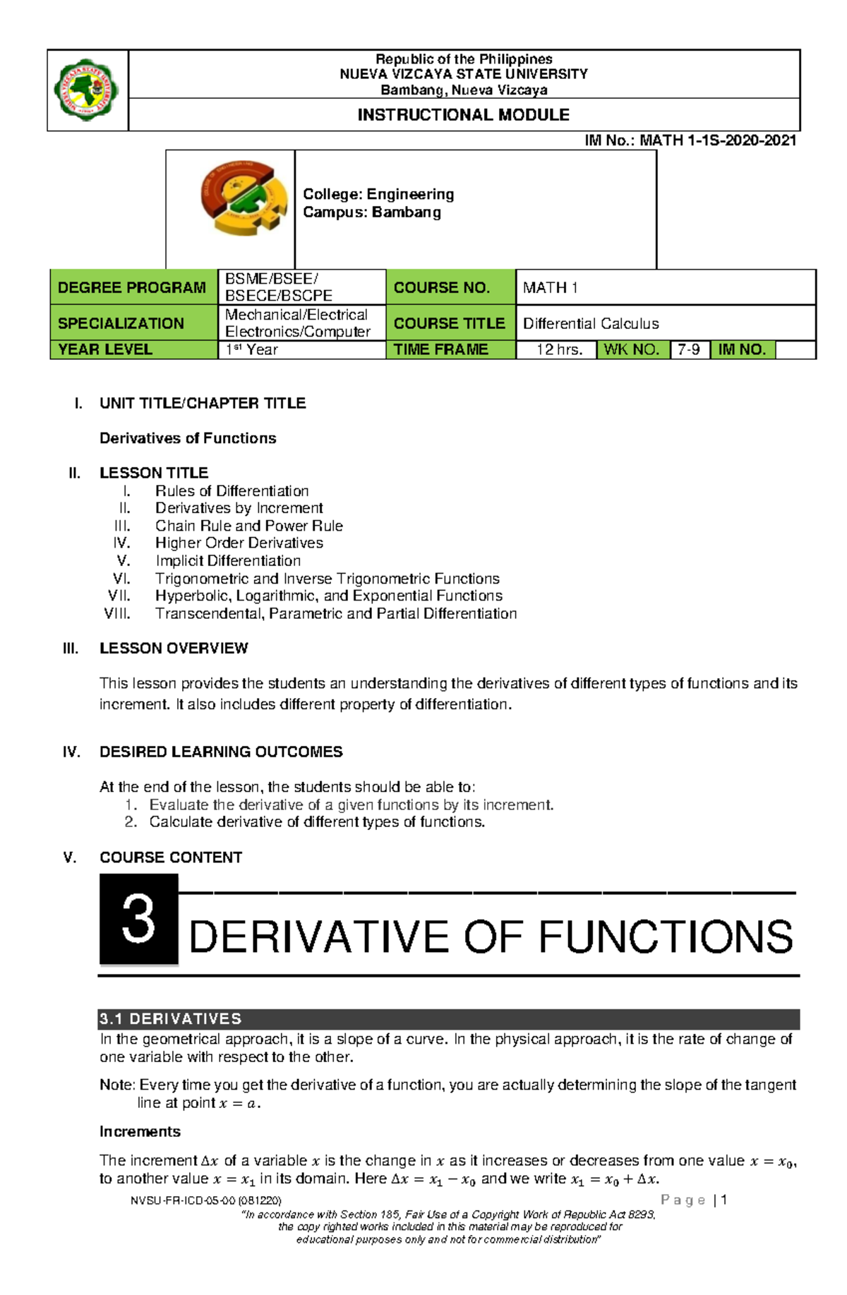 Calculus-Module- Final (3) edit - NUEVA VIZCAYA STATE UNIVERSITY ...