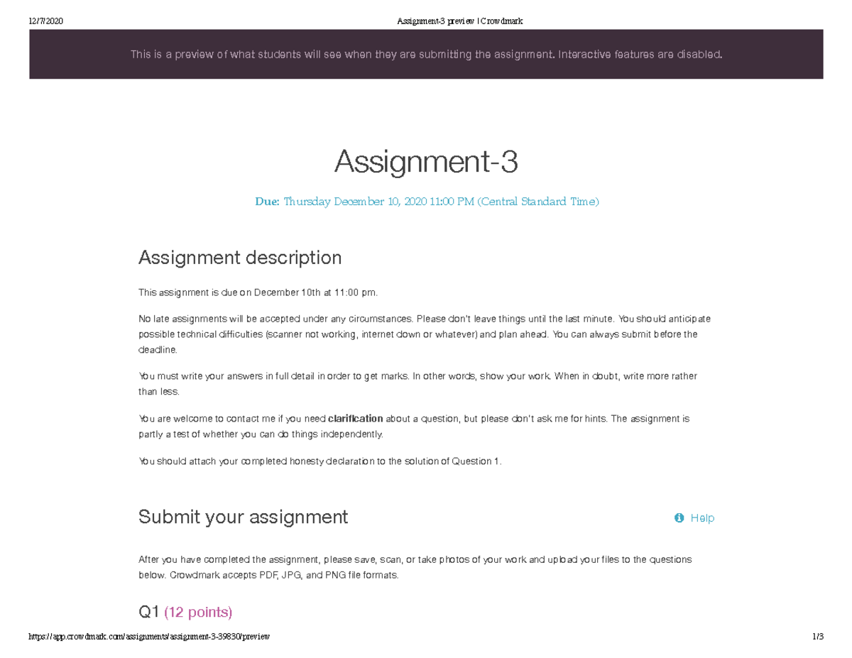 F20asst3 - Techniques Of Classical And Linear Algebra course material ...