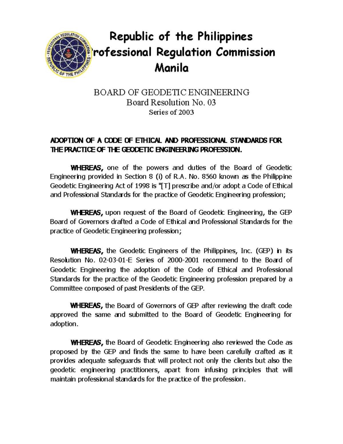 99066497 GEP Code of Ethics Republic of the Philippines Professional