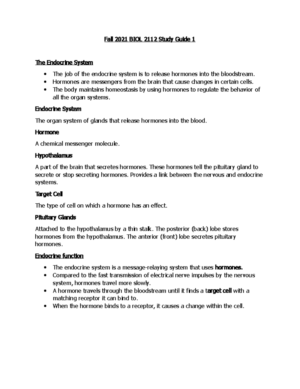 BIOL 2112 Study Guide 1 - Covering the Endocrine System - Fall 2021 ...