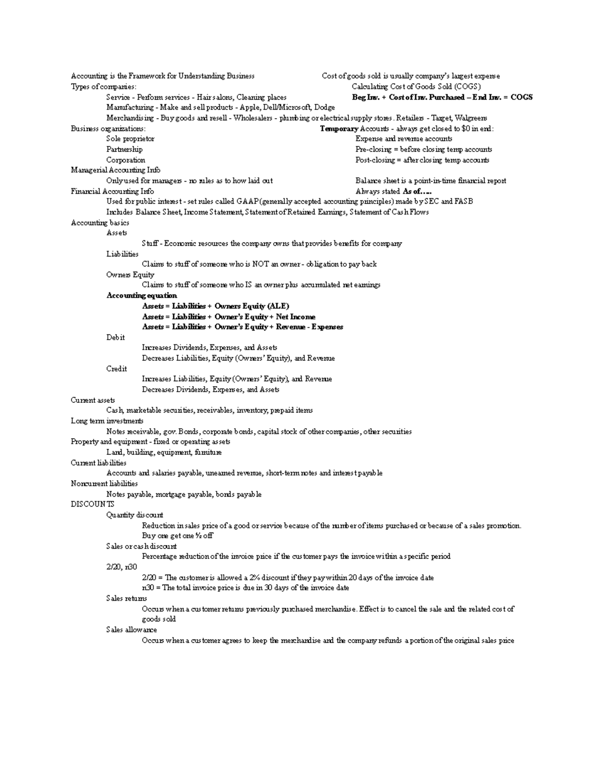 Exam 1 Cheat Sheet - Lecture Notes 1-7 - Accounting Is The Framework ...