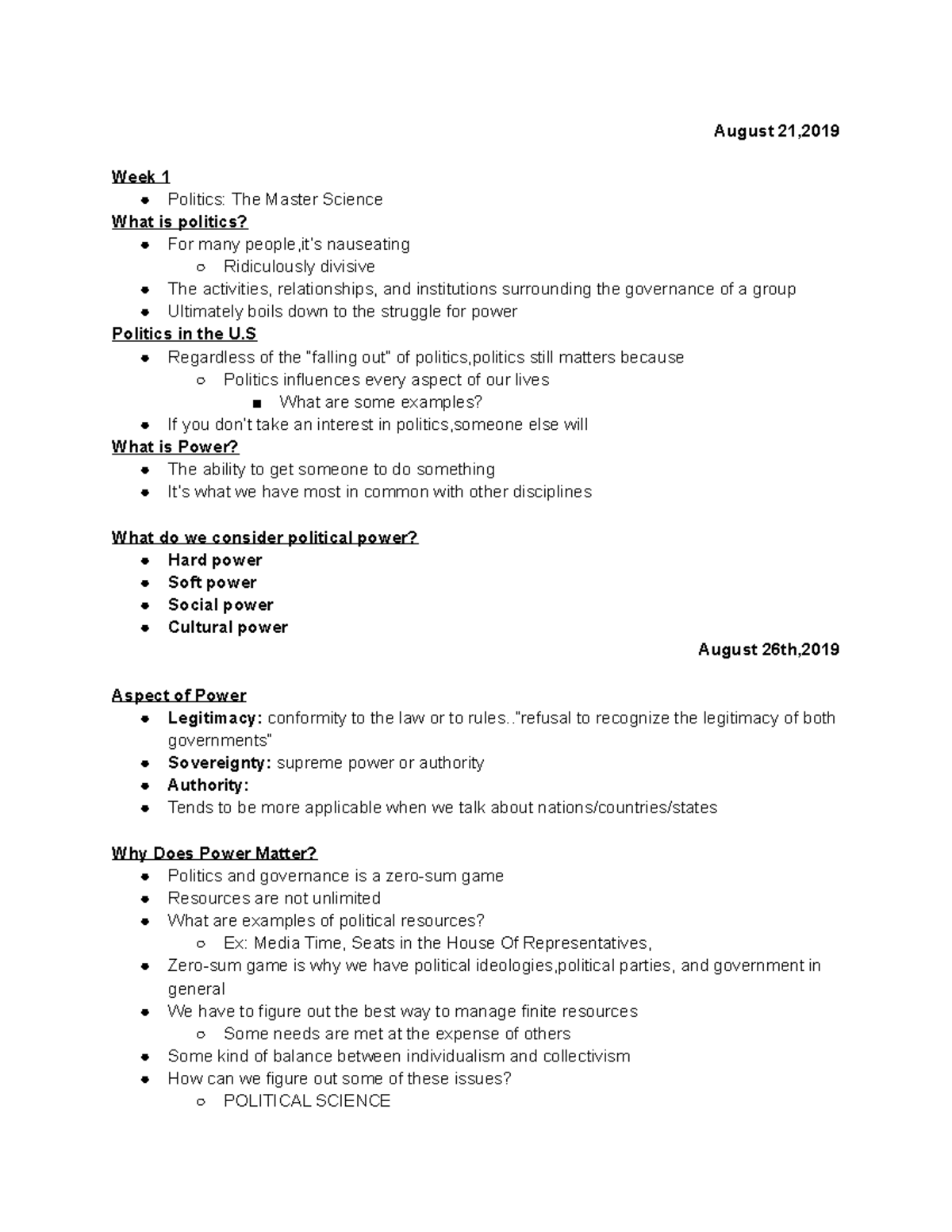 POL 100 - introduction to politics - August 21, Week 1 Politics: The ...