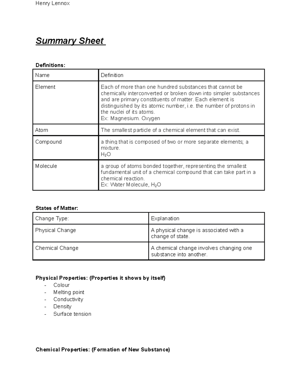 Lecture Summary Henry Lennox Summary Sheet Definitions Name