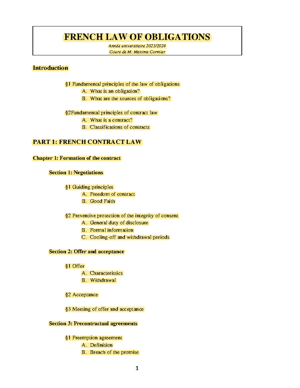 Cormier L2 Plan de cours FLO 2324 1 FRENCH LAW OF OBLIGATIONS
