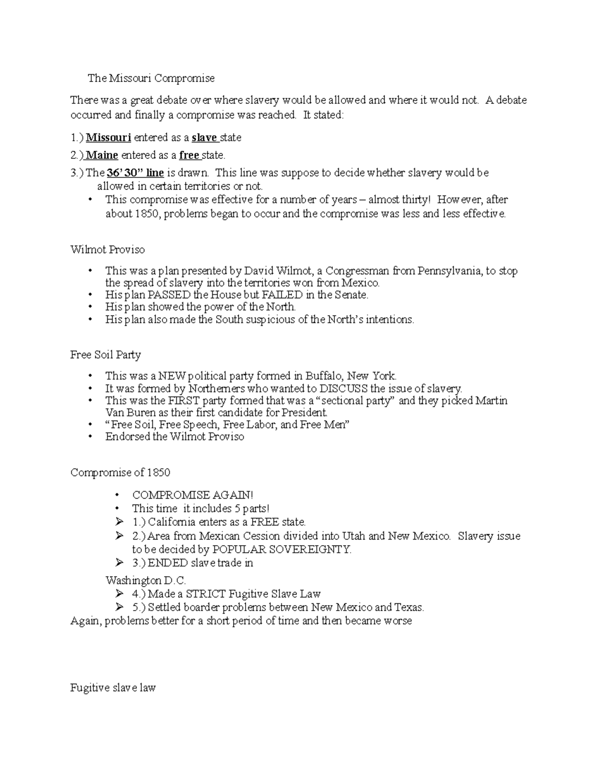 Apush notes - The Missouri Compromise There was a great debate over ...