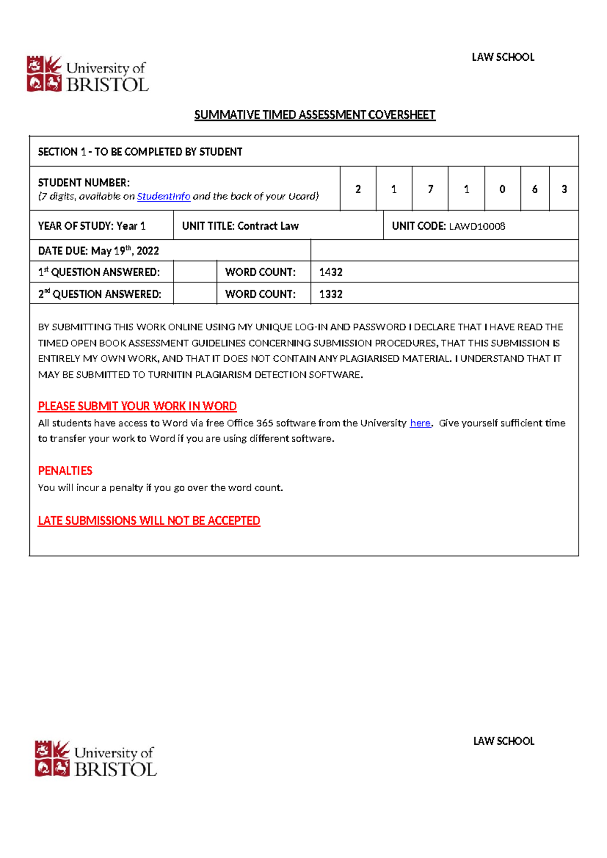Feedback 2171063 LAWD10008 - LAW SCHOOL SUMMATIVE TIMED ASSESSMENT ...