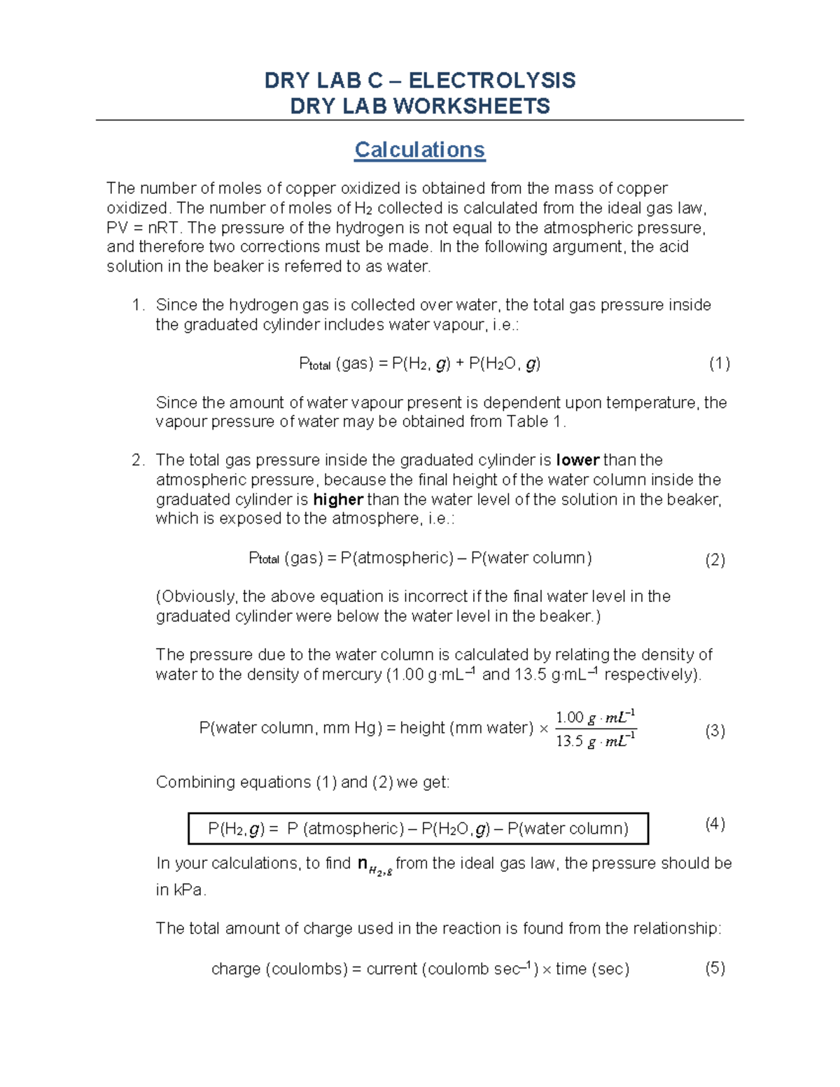 W23 CHEM1050 Dry Lab C Data Sheets - DRY LAB WORKSHEETS Calculations ...