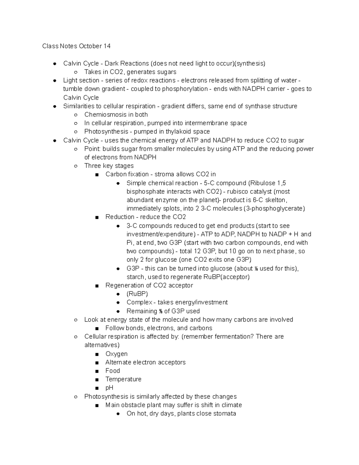Bio 311C Class Notes October 14 - Class Notes October 14 Calvin Cycle ...
