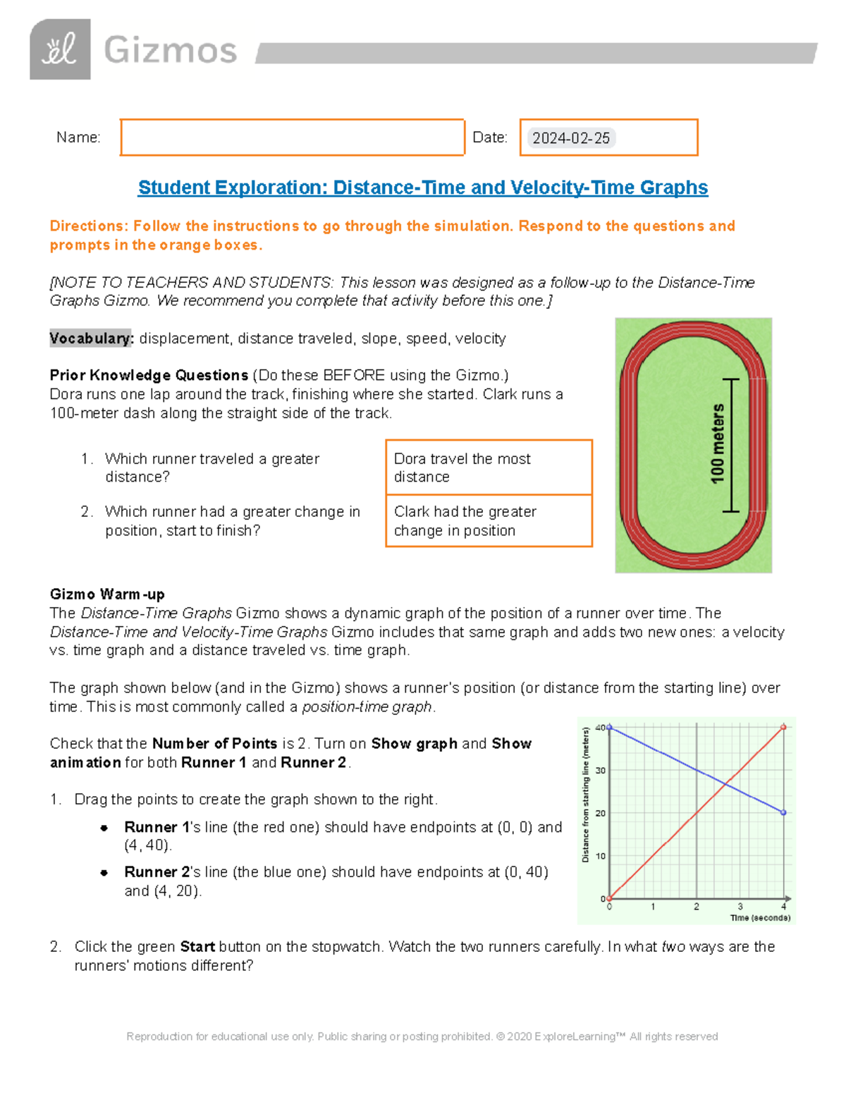 Distance Time Velocity SEm - Name: Date: 2024-02- Student Exploration ...