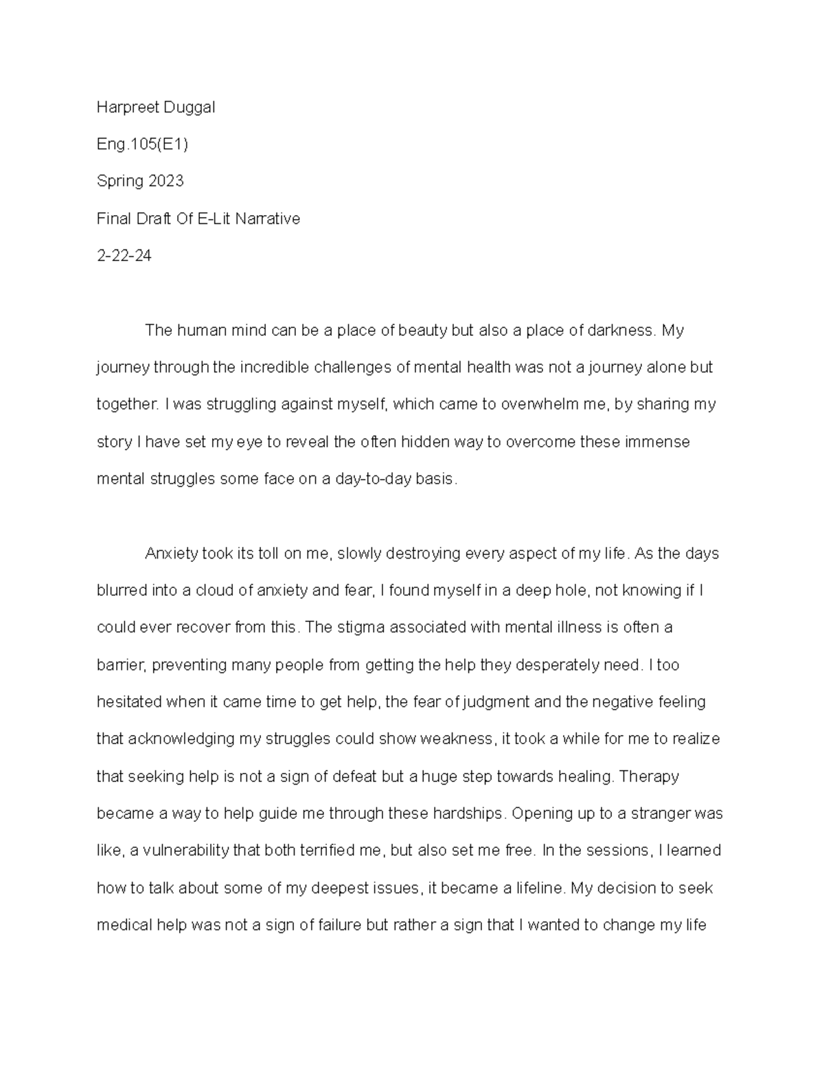 Harpreet Duggal-Narative essay - Harpreet Duggal Eng(E1) Spring 2023 ...