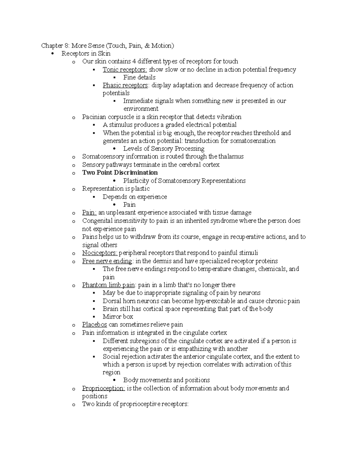Neuro Chapter 8 - Lecture notes 8 - Chapter 8: More Sense (Touch, Pain ...