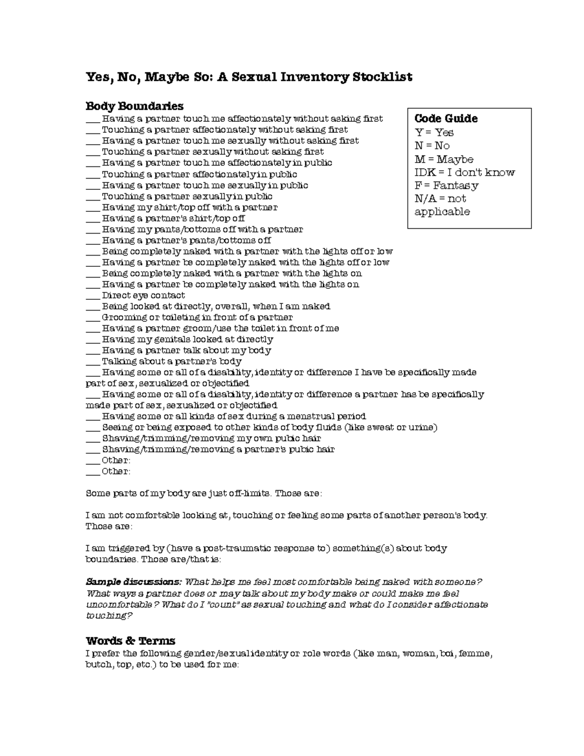 Yesnomaybe - sss - Yes, No, Maybe So: A Sexual Inventory Stocklist Body ...